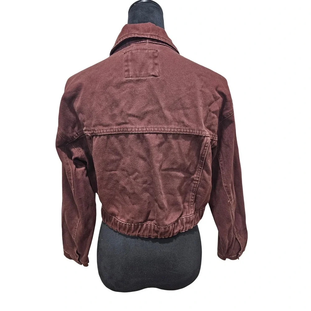 Stoosh Patchwork Denim Jacket Women Sz‎ L Brown Cropped Scout Patches Streetwear